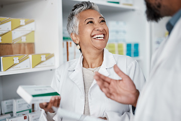 Image showing Medicine, pharmacy and pills with woman and customer in store for consulting, shopping and help. Sale, healthcare and advice with pharmacist and patient for product, retail and treatment prescription