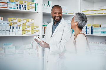 Image showing Pharmacy, medicine and senior woman consulting pharmacist on prescription. Healthcare, shopping and elderly female in consultation with medical worker for medication box, pills or product in store.