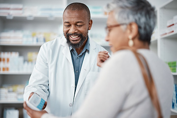 Image showing Pharmacy, medicine and senior woman consulting pharmacist on prescription. Healthcare, shopping and elderly female in consultation with medical worker for medication box, pills or product in store.