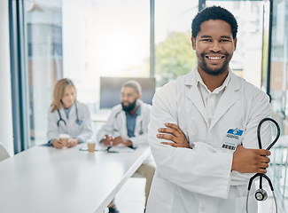 Image showing Man, arms crossed or doctor meeting with stethoscope in life insurance planning, medical innovation goals or surgery target ideas. Portrait, smile or happy healthcare worker in teamwork collaboration