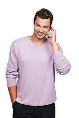 Image showing Man, phone call and talking with smile in studio for online communication, mobile phone discussion and happy isolated in white background. Casual person, smartphone and happiness speaking on call