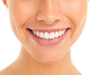 Image showing Dental, wellness and woman teeth in studio with a healthy, beautiful and clean cosmetic smile. Happy, closeup and veneers of a female model from Canada with oral hygiene isolated by white background.