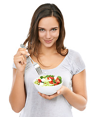 Image showing Health girl and portrait with wellness salad for diet nutrition with cheerful and happy smile. Beautiful dieting model excited for healthy food lifestyle on isolated white background.