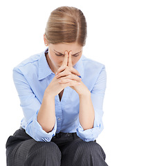 Image showing Business woman, hands or stress headache on isolated white background in mental health or anxiety burnout. Thinking corporate worker, worried or employee in company investment or financial tax crisis