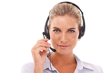 Image showing Customer service communication, face portrait and woman talk on contact us CRM, telemarketing or call center. Telecom microphone, customer support and consultant consulting on white background studio