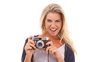 Image showing Photographer, studio portrait and woman with camera for vintage photo shooting, picture memory or lens photoshoot. Photography, paparazzi and model with emoji facial expression on white background