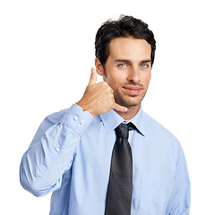 Image showing Businessman, studio portrait and call me hand sign with confidence, isolated by backdrop. Corporate executive man, financial advisor or phone hands for finance communication by white background