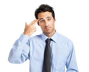 Image showing Portrait of businessman, gun gesture and unhappy work environment with depression and stress on white background. Mental health, frustrated sad worker and man with hand sign shooting head for anxiety