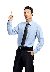 Image showing Portrait of businessman, hand and thinking finger on studio background with company vision, innovation and growth mindset. Corporate worker, employee questions and ideas on mockup branding backdrop