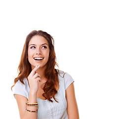 Image showing Thinking, mockup and smile with woman and idea for question, product and deal choice. Why, solution and sale with girl model wondering for beauty, decision and planning in white background studio