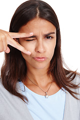 Image showing Peace sign, funny and woman portrait of a model with a pout, comic and duck face, White background, isolated and vertical female pose with comedy and joke hand sign with wink alone in studio