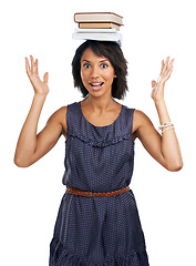 Image showing Portrait, student or black woman with books, balance or anxiety in studio frustrated with learning. Education, stressed or African school girl in university or college with notebooks for development