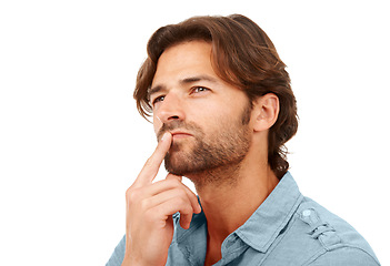 Image showing Thinking, idea and face of businessman on a white background for brainstorming, planning and strategy. Creative leader, marketing and male entrepreneur with vision, thoughtful and goals in studio