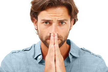 Image showing Portrait, man or anxiety and prayer hands on studio background in mental health, stress burnout or nervous. Zoom, face or worried model and hope, praying or wish gesture for good news, luck or change