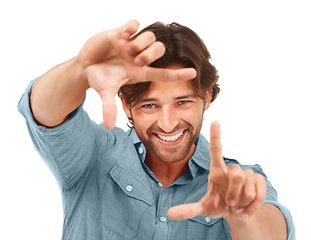 Image showing Happy, portrait and man with hand frame for idea, creativity and inspiration with excited smile. Happiness, photography and perspective of creative guy model at white studio background.