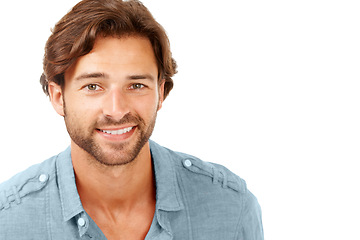 Image showing Portrait, casual and man with smile, success and happy guy isolated on white studio background. Canada, male and gentleman with confidence, weekend and break to relax, calm and chill for holiday