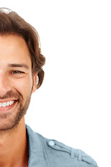 Image showing Happy, man and portrait of a model face with a smile and beard with isolated white background. Happiness, smiling and person alone feeling positive and joy standing with mockup space in studio