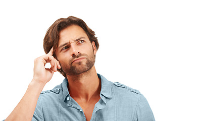 Image showing Creative businessman, thinking and wondering for idea, solution or thought against a white studio background. Isolated man with thoughtful expression pondering in contemplation for startup on mockup