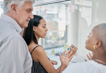 Image showing Innovation, meeting or woman writing on a sticky note planning a startup project on glass board in office building. Focus, leadership or creative business people working on strategy ideas or solution