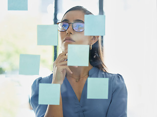 Image showing Thinking, sticky note or business woman problem solving with marketing strategy solutions or advertising ideas. Focus, business growth or creative manager with vision planning a development project