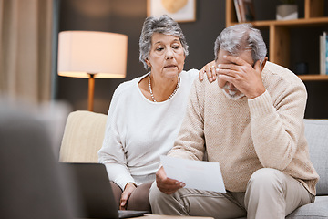 Image showing Stress, finance and senior couple planning retirement, mortgage anxiety and sad about pension paperwork. Depression, audit and elderly man and woman with a financial crisis and insurance mistake