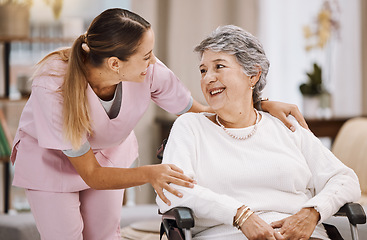 Image showing Healthcare, support and caregiver with senior woman for medical help, elderly care and consulting patient. Wheelchair disability, rehabilitation and nurse volunteer at nursing home for charity work