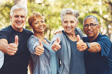 Image showing Senior fitness group, thumbs up and portrait with smile, diversity and happiness in park for wellness. Happy workout friends, retirement and hand gesture for motivation, teamwork and focus for health