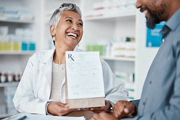 Image showing Medicine, shopping or pharmacist helping a black man with healthcare advice on medical pills or drugs. Consulting, customer or happy senior doctor talking or helping a sick elderly person in pharmacy