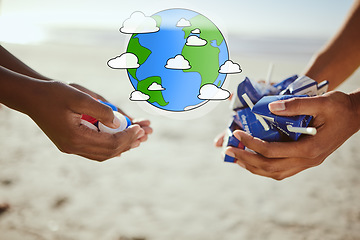 Image showing Hands, global warming control or pollution waste management on beach clean up for climate change or environment sustainability. Zoom, cleaning people help or holding plastic garbage for sea recycling