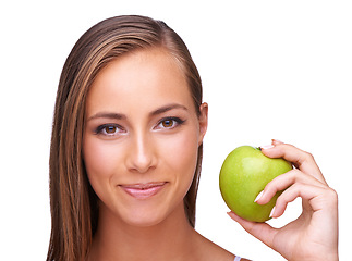 Image showing Apple, wellness and portrait of woman on a white background for healthy lifestyle, cosmetics and wellbeing. Diet, digestion and face of girl with fruit for organic products, vitamins and nutrition