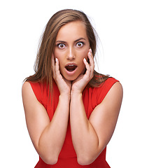 Image showing Woman, portrait and shocked or surprise with wow or open mouth reaction while isolated on white background. Face of female with omg emoji for fake news, sale announcement or gossip in studio