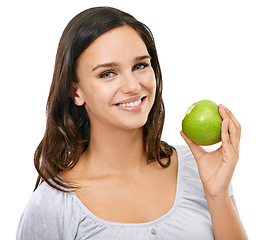 Image showing Health, apple and smile with portrait of woman for nutrition, diet and weight loss choice. Fiber, food and vitamins with isolated face of girl eating fruit for wellness, organic and natural in studio