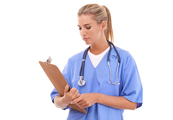 Image showing Healthcare, doctor and woman with clipboard in studio with paper form for planning on white background. Nurse, chart and health expert reading medical documents for hospital or clinic while isolated