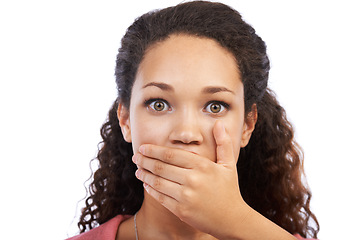 Image showing Portrait, hand on mouth and omg with a surprised black woman in studio on a white background in shock. Face, wow and surprise with young woman looking shocked at news, gossip or an announcement