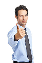 Image showing Businessman, portrait or thumbs up on studio background for good luck, company success or financial growth. Corporate worker, employee or hand gesture in thank you, investment vote or winner opinion