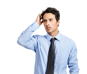 Image showing Business, man and thinking for corporate project, policy report and consultant isolated on white studio background. Ceo, male entrepreneur and employee with idea, advertising campaign and marketing