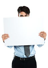 Image showing Placard mock up, portrait and business man with marketing poster, advertising banner or product placement space. Billboard promo sign, studio mockup or hiding sales model isolated on white background