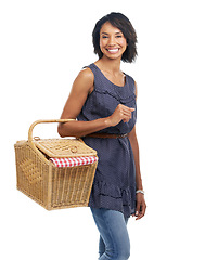 Image showing Picnic, happiness and portrait of black woman with basket and smile for summer weekend fun on white background. Fun, food and woman standing holding picnic basket, big smile, and excited in studio.