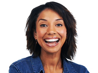 Image showing Portrait, face and surprise with an excited black woman looking enthusiastic in studio on a white background. Wow, happy and expression with an attractive female feeling positive or carefree