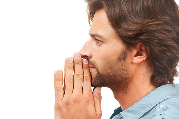 Image showing Thinking, doubt and mockup with a man in studio isolated on a white background being confused by an idea. Face, profile and praying with a handsome male looking at mock up in a thoughtful pose