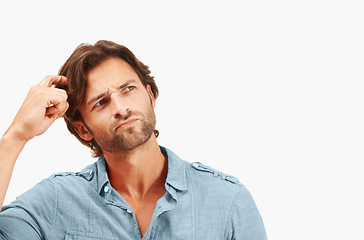 Image showing Creative businessman, thinking and touching head for idea, solution or thought against a white studio background. Isolated man wondering in expression or pondering contemplation for startup on mockup