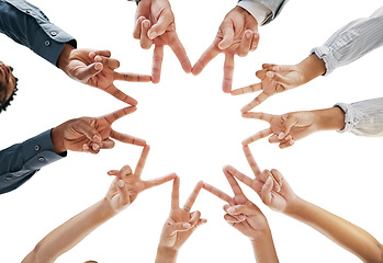 Image showing Below business team, star hands and peace for motivation, success or goals in corporate teamwork. Group, support and mission for solidarity, team building or community for our vision in San Francisco