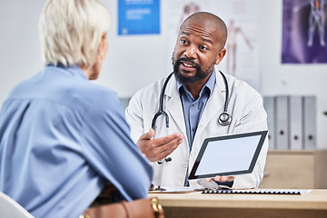 Image showing Doctor consultation, tablet mockup and patient consulting black man about medical results, healthcare report or hospital insurance. Mock up product placement, digital tech and advice for senior woman