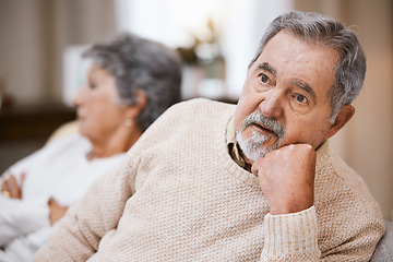 Image showing Senior couple, stress and depressed together on home living room couch thinking about divorce, retirement and financial problem or crisis. Old man and woman with conflict in marriage after fight