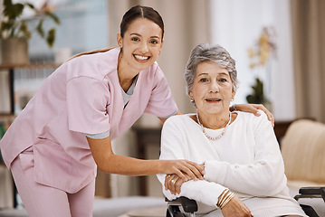 Image showing Women, senior or wheelchair support in nursing home, house living room or wellness rehabilitation clinic. Portrait, smile or happy healthcare nurse with retirement elderly in disability mobility aid