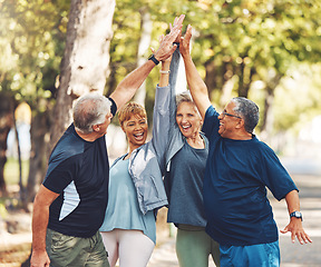 Image showing Happy, senior or people high five for fitness training goals, workout target or exercise achievement in nature. Healthy, partnership or excited elderly men and women in celebration of group teamwork