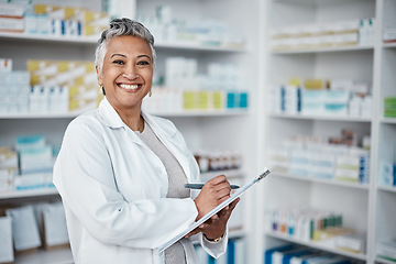 Image showing Pharmacy, woman and happy portrait with clipboard, checklist and inventory in Colombia. Happy pharmacist, manager and healthcare worker writing notes of professional retail, medical service and stock