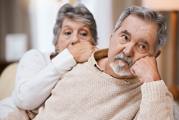 Image showing Senior couple, stress and depressed together on home living room couch thinking about divorce, retirement and financial problem or crisis. Old man and woman with conflict in marriage after fight