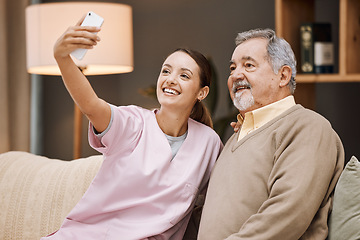 Image showing Nurse, selfie and old man in nursing home with smartphone and smile for picture, caregiver and retirement. Health, photography with phone and care, young woman and nursing with elderly man wellness.
