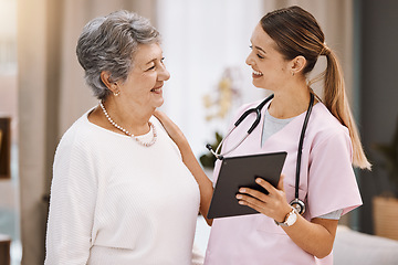 Image showing Tablet, healthcare and nurse with senior woman for digital help, support or wellness check, data and results together with smile. Happy elderly patient in communication with medical worker or doctor